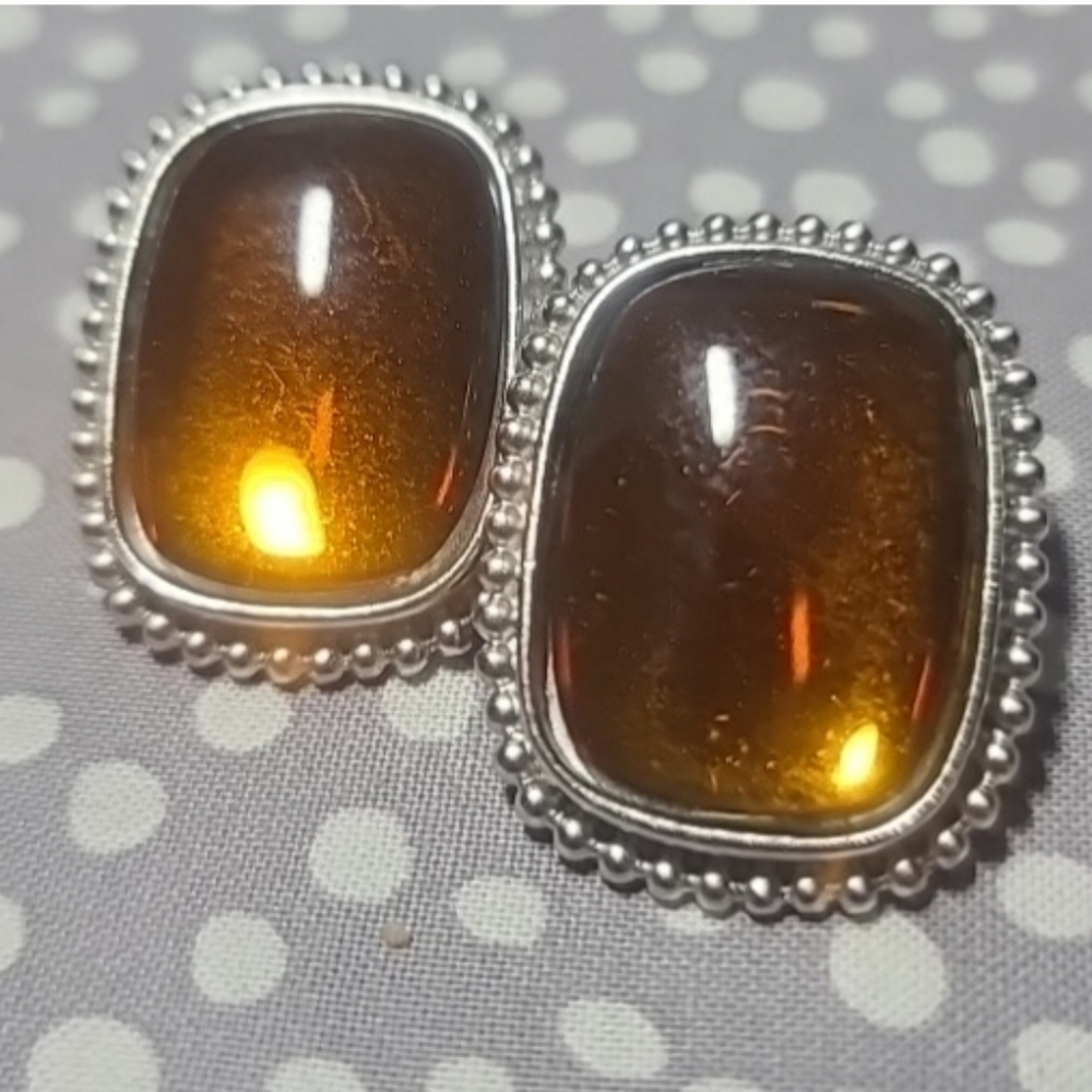 Yves Saint Laurent Amber Cabochon Silver Beaded Frame Earrings